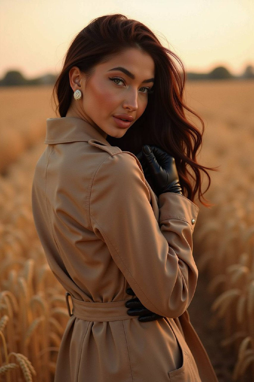 Close-up cinematic fashion portrait of a woman in a camel trench coat, turning toward the camera, with flowing hair in a golden rye field at sunset.