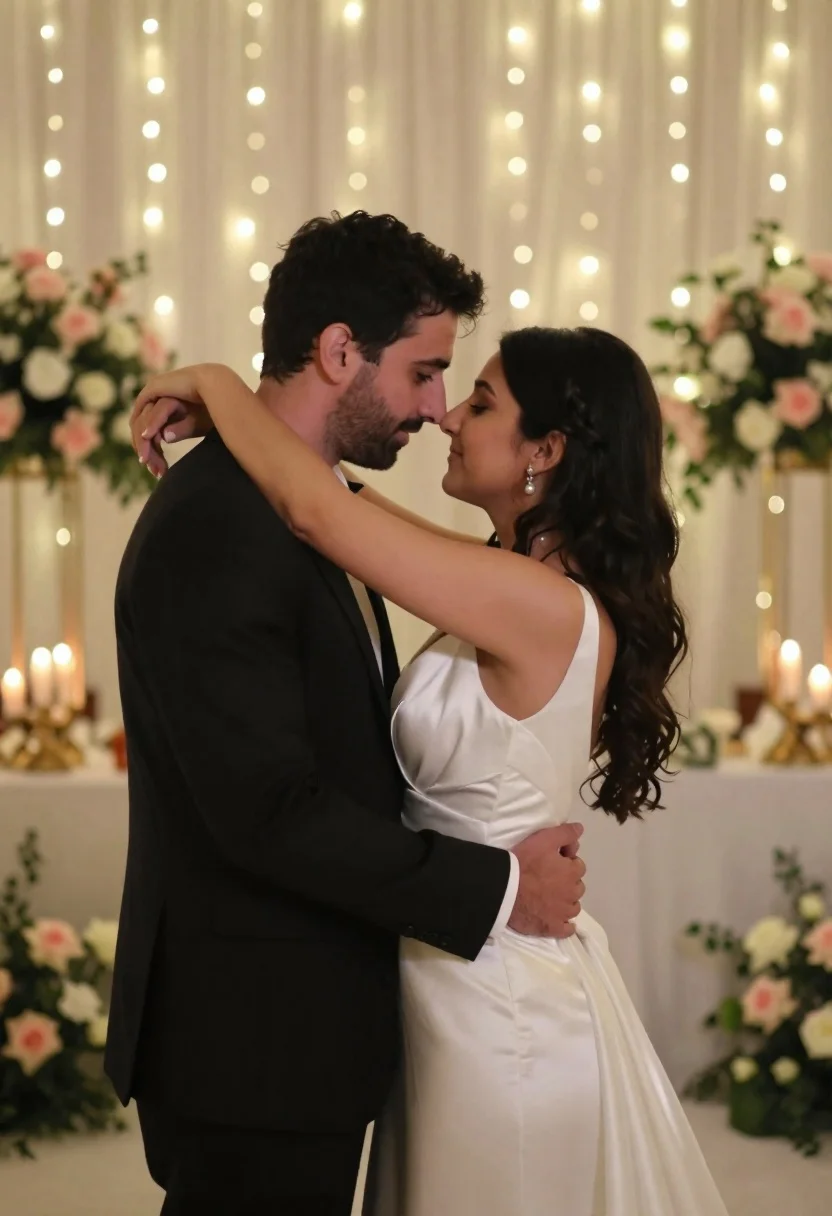 A romantic close-up of a bride and groom with their foreheads touching, surrounded by soft string lights creating a warm ambiance.