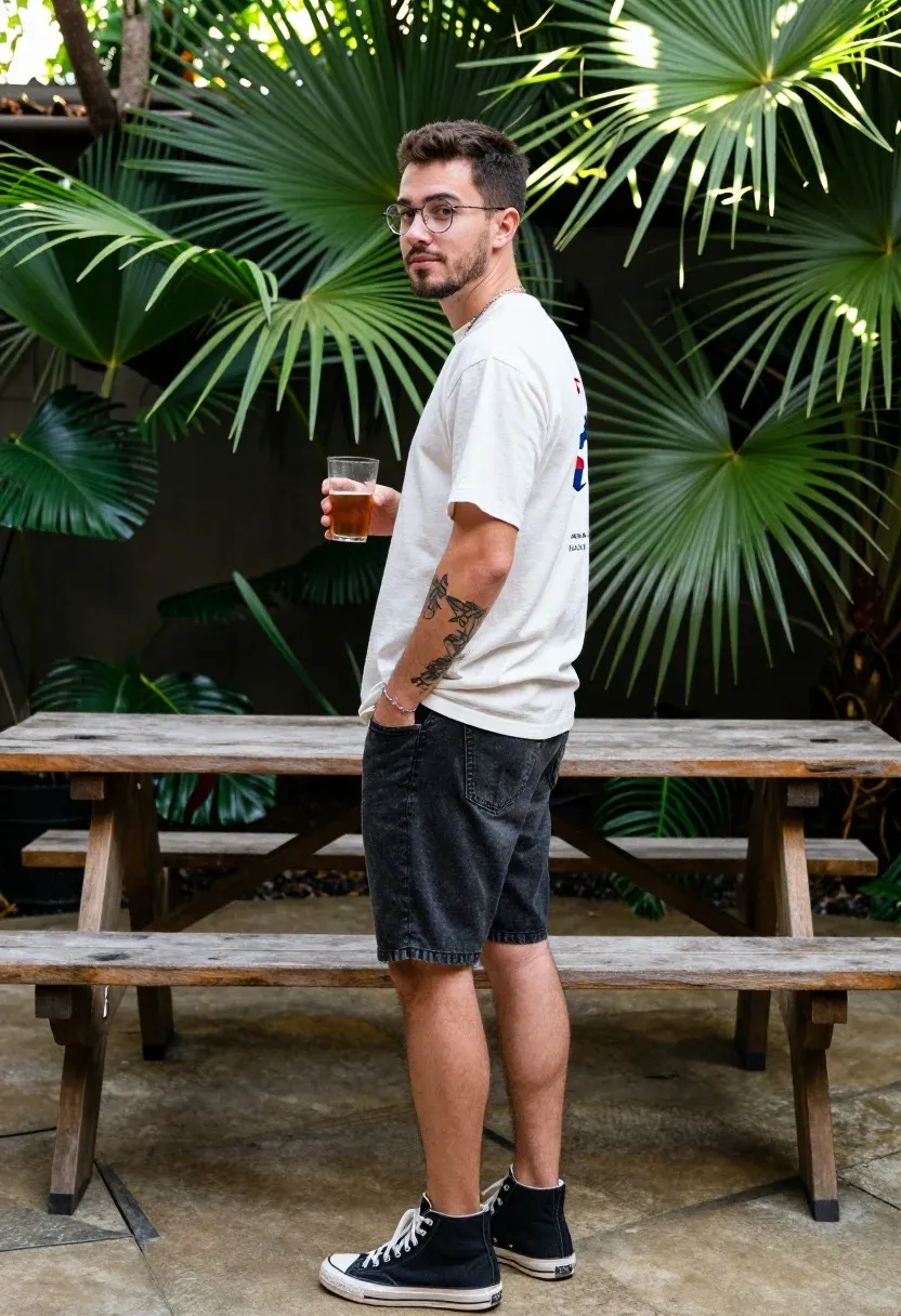 Man Stands Relaxed Pose Holding Drink Outdoor Garden Setting Subject
