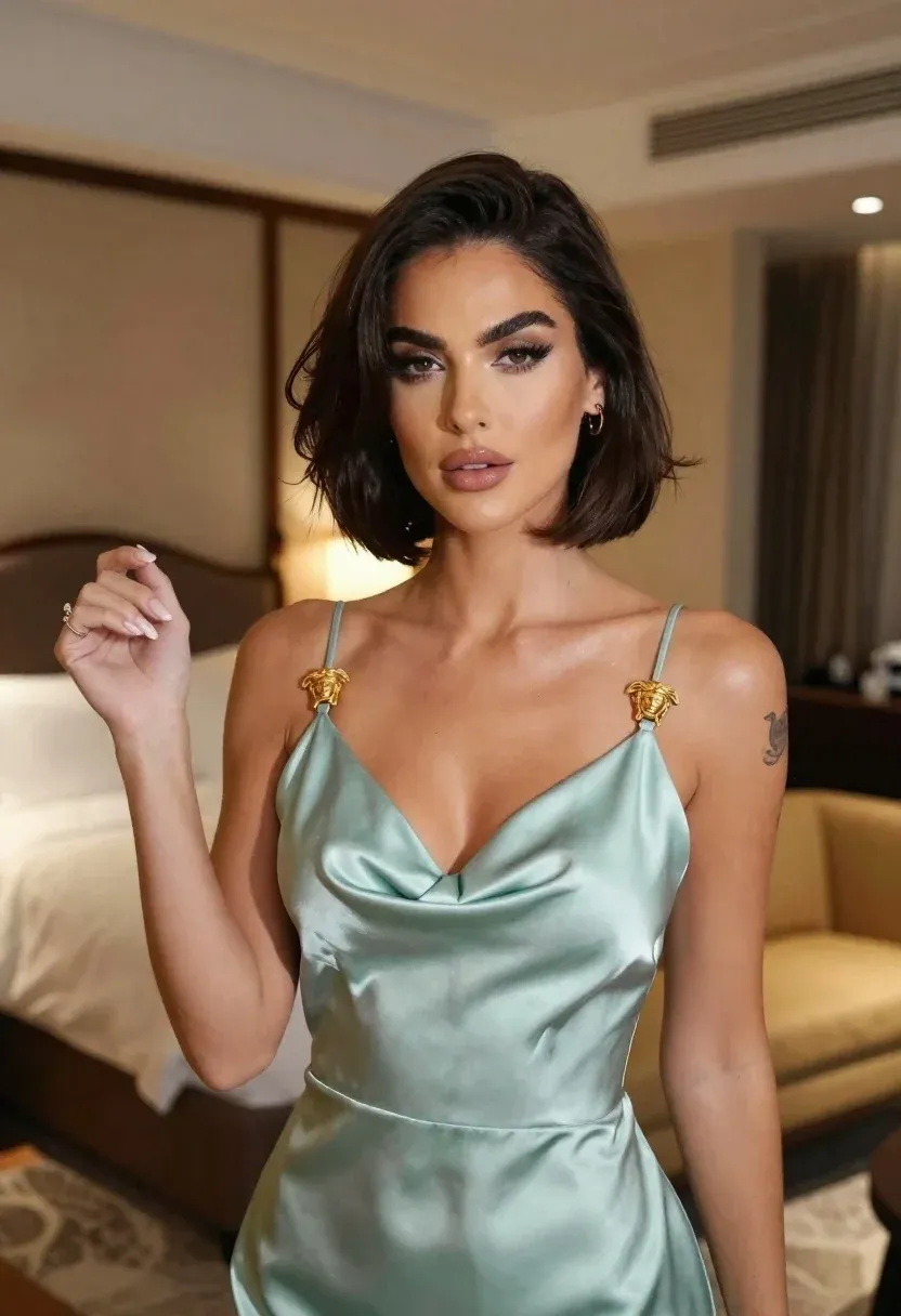 Woman With Sleek Dark Bob Haircut And Winged Eyeliner Poses