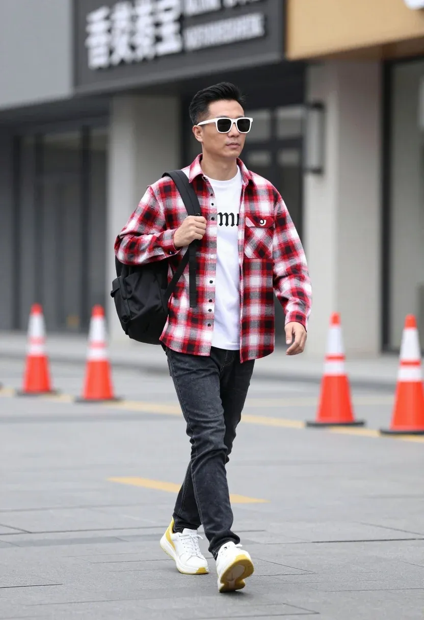 Man Walking Confidently Down Paved Street Front Modern Building With