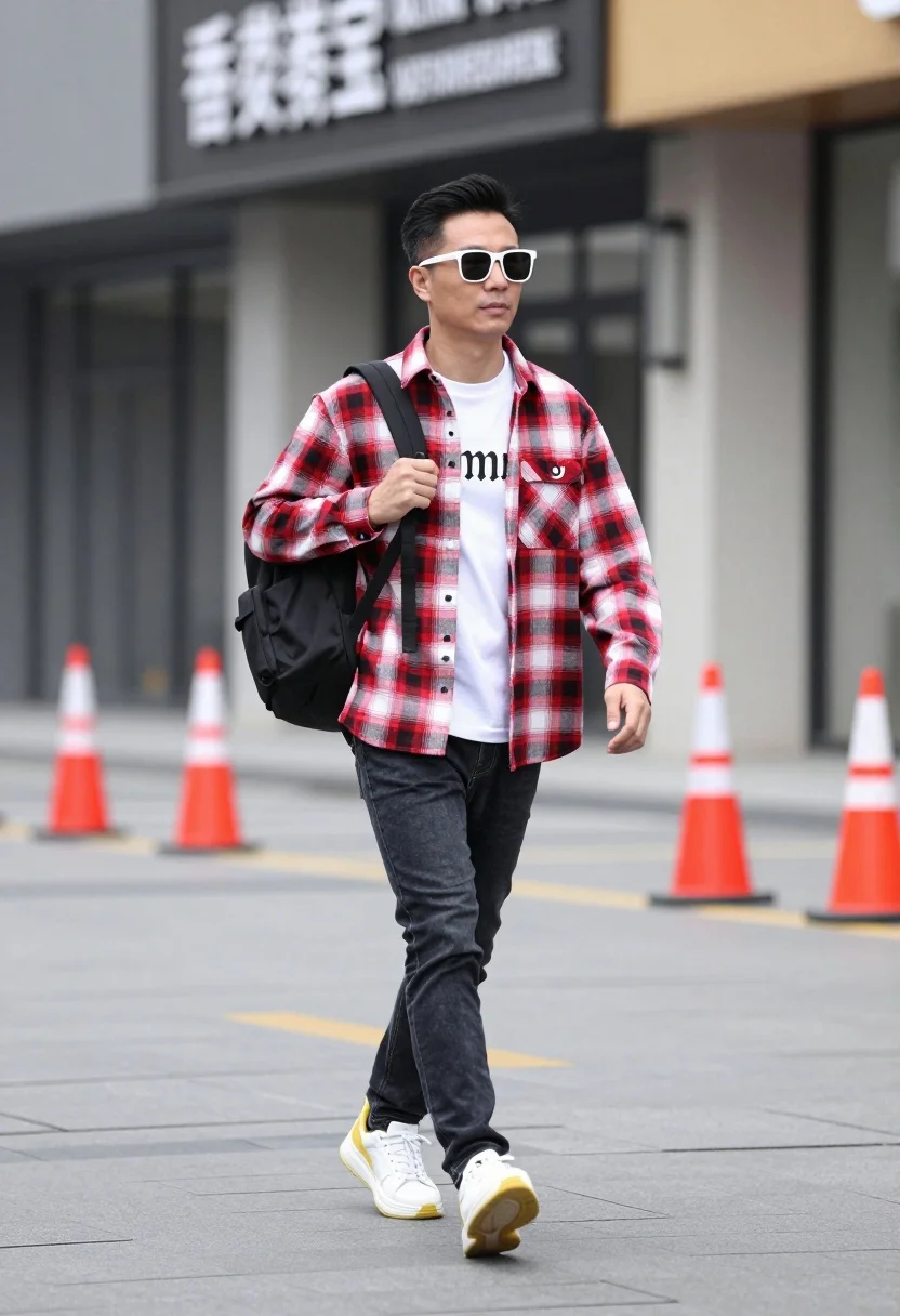 A confident man walking down a vibrant paved street in front of a modern building, bright daylight highlighting his street style.