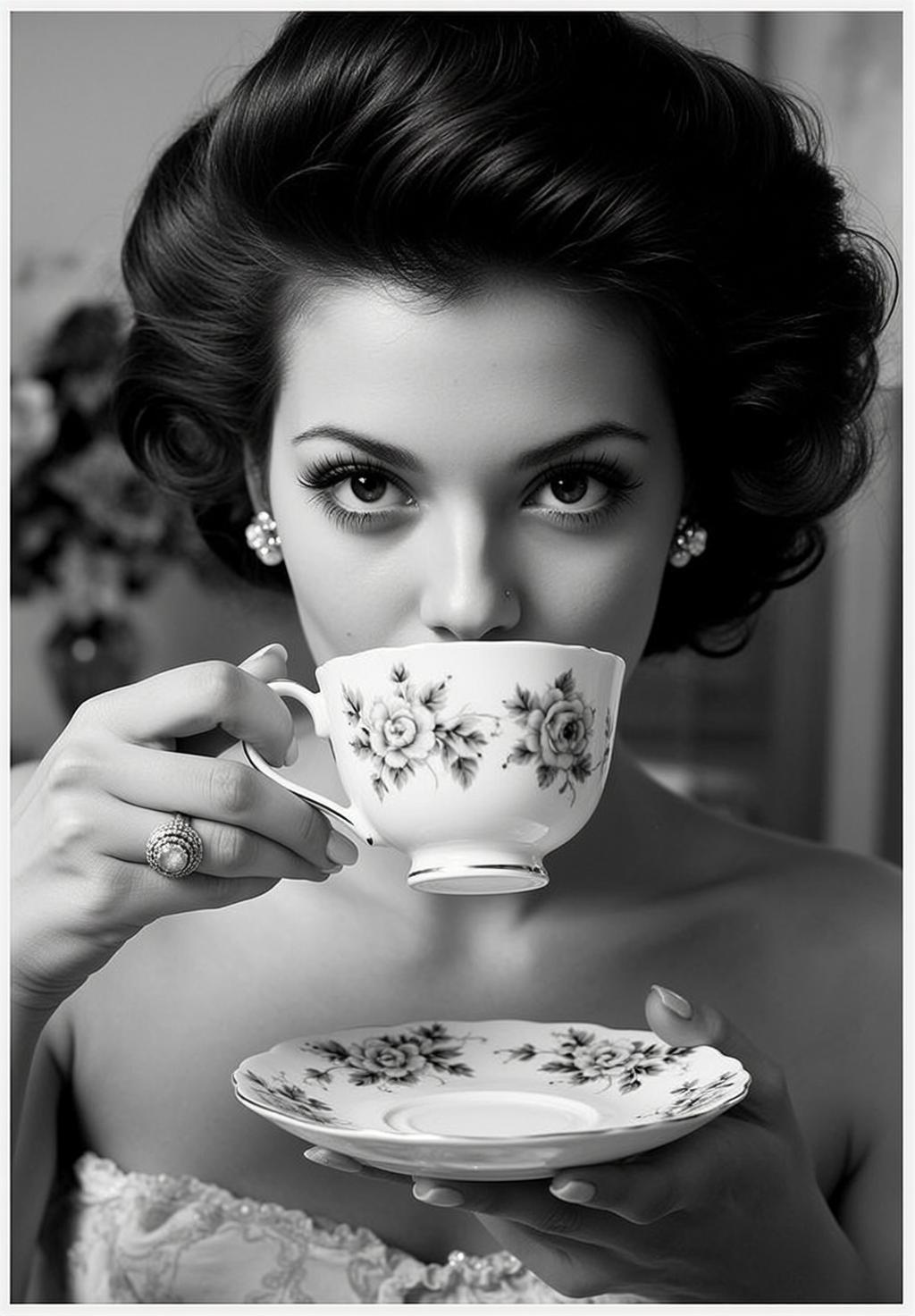 Photorealistic Black And White Portrait Shows Woman With Dark Voluminous