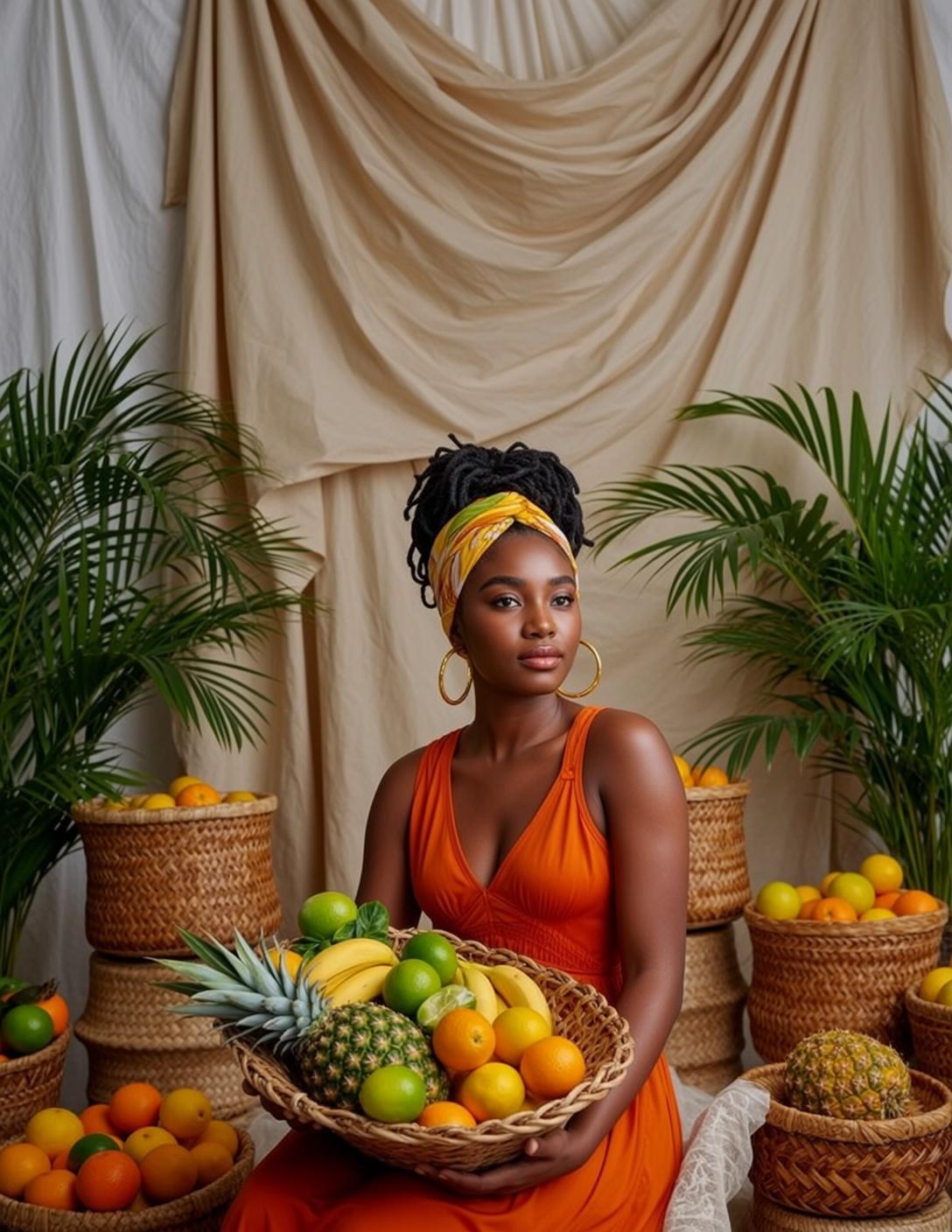 Black Dreadlocks Orange Dress Fruit Basket Studio