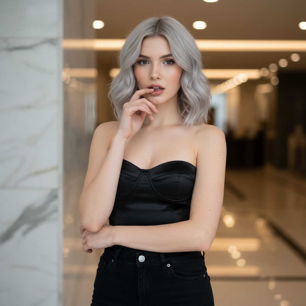 Close-up of a stylish young woman with wavy silver hair, black satin top, and high-waisted jeans, in a modern marble interior.