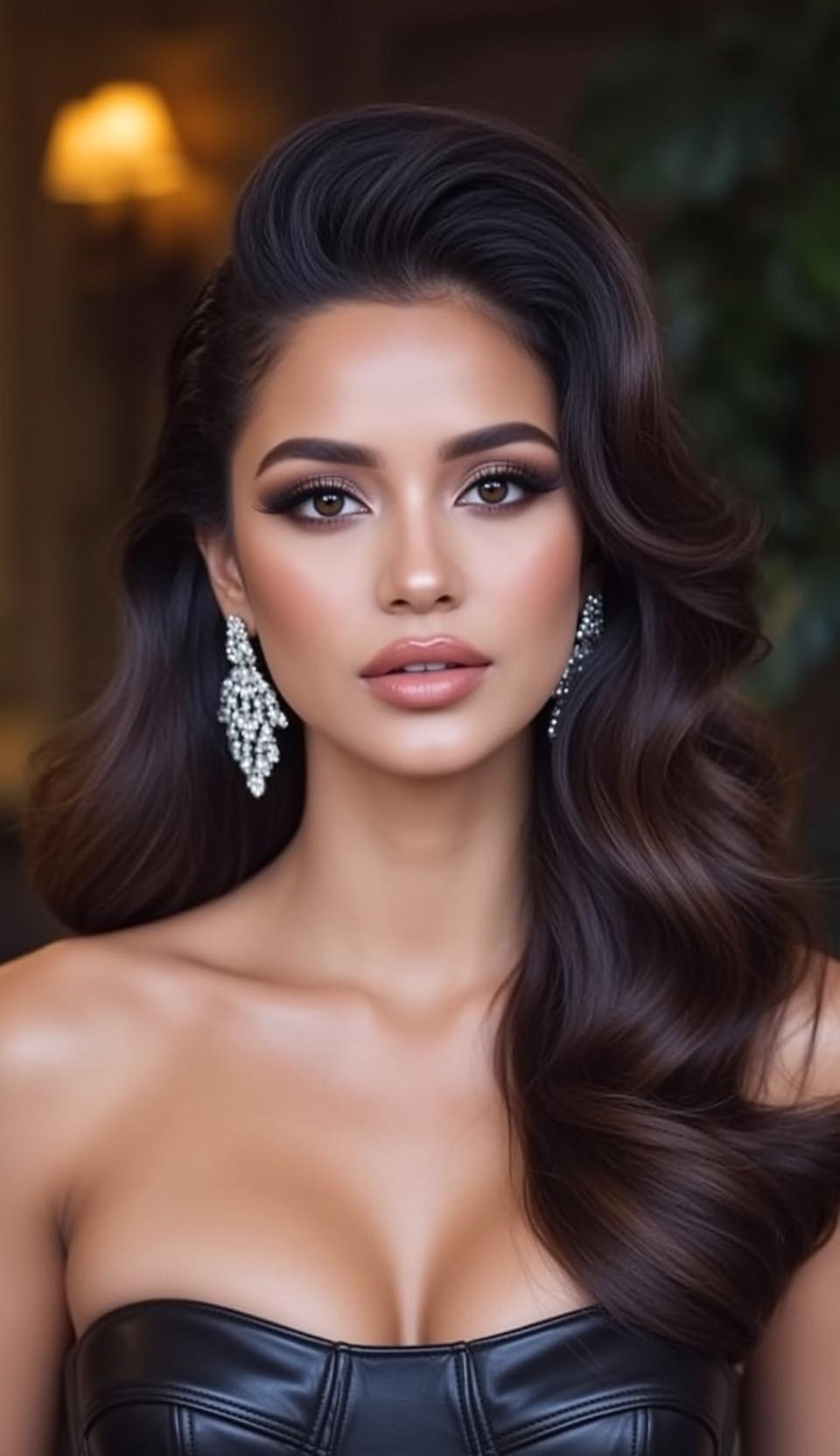 Hair Salon Dark Brown Wavy Styled Tan