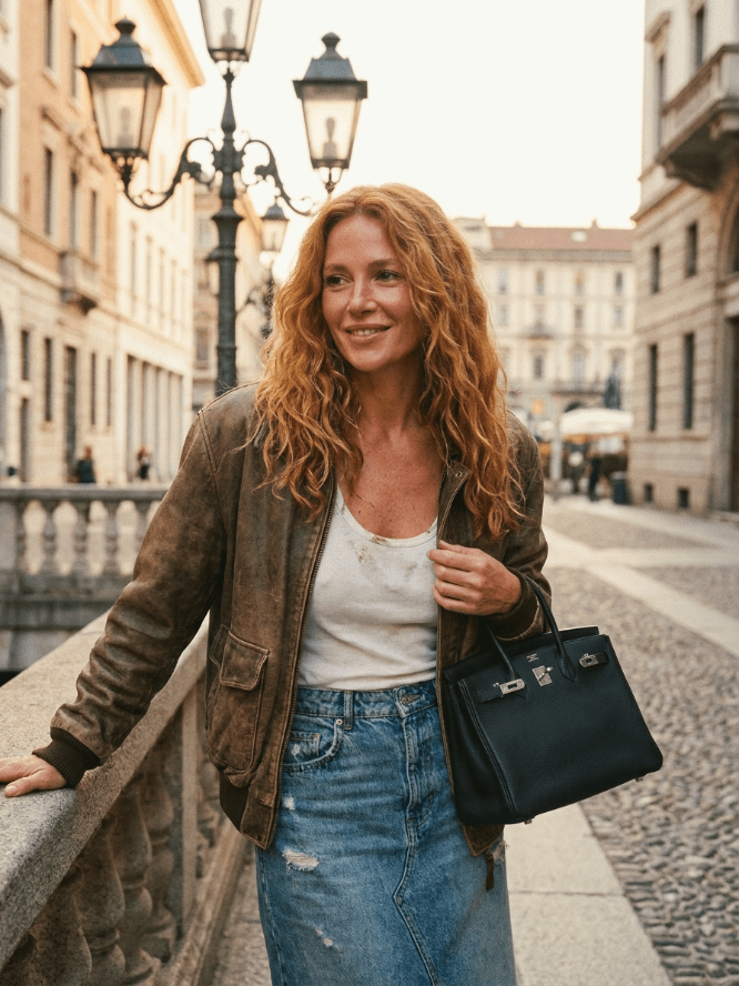 Distressed Brown Leather Bomber Jacket Ribbed Cuffs On Cobblestone Street