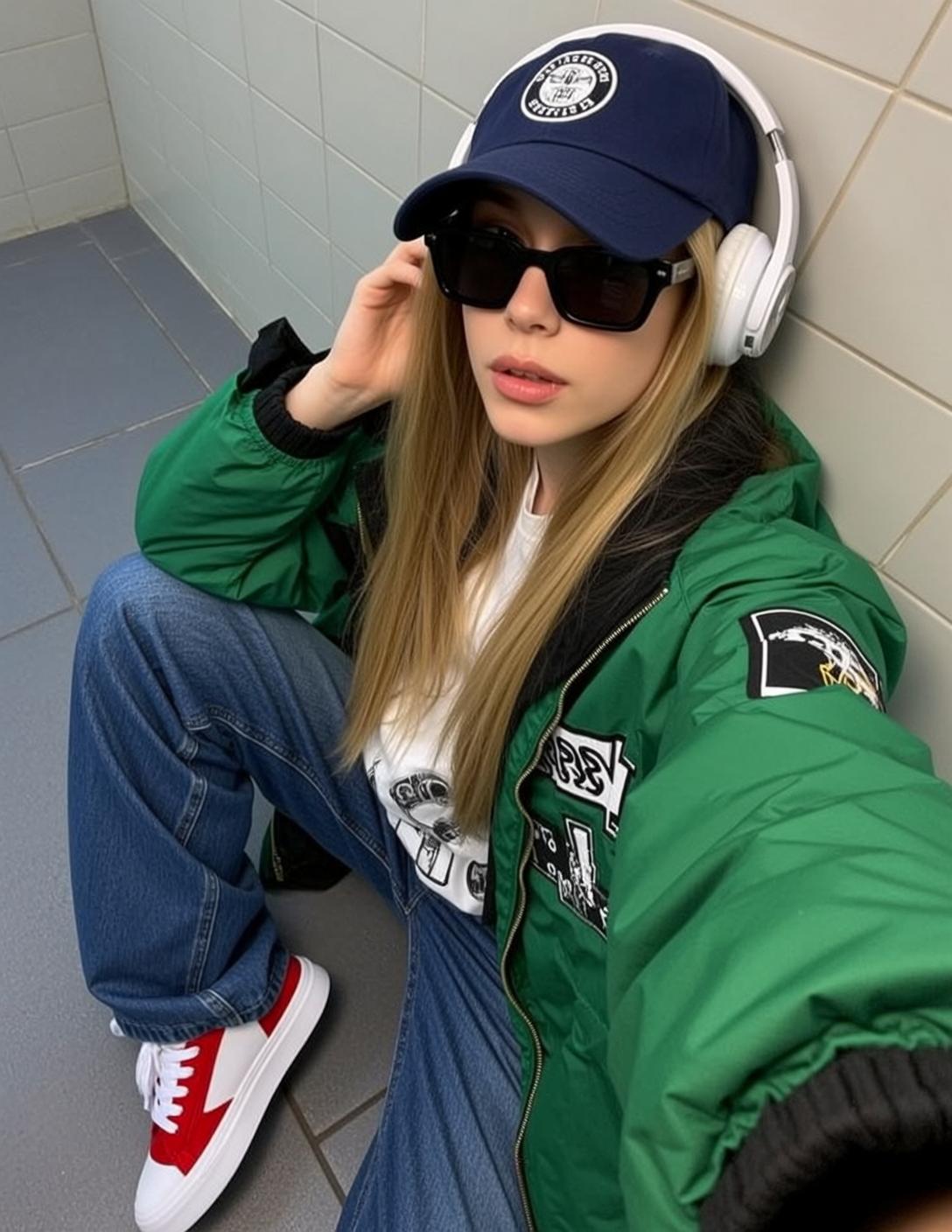 Blonde Woman Blue Jeans Green Puffer Jacket