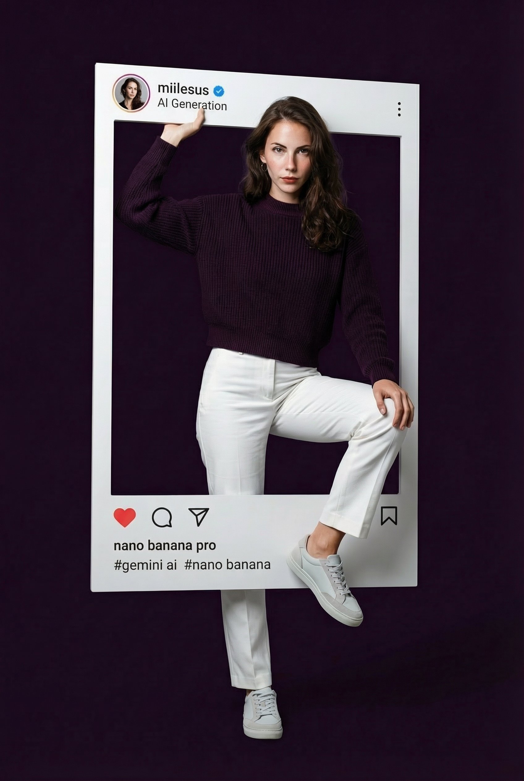 A beautiful woman in a ribbed knit sweater poses in an oversized Instagram frame, exuding elegance and confidence with a modern backdrop.