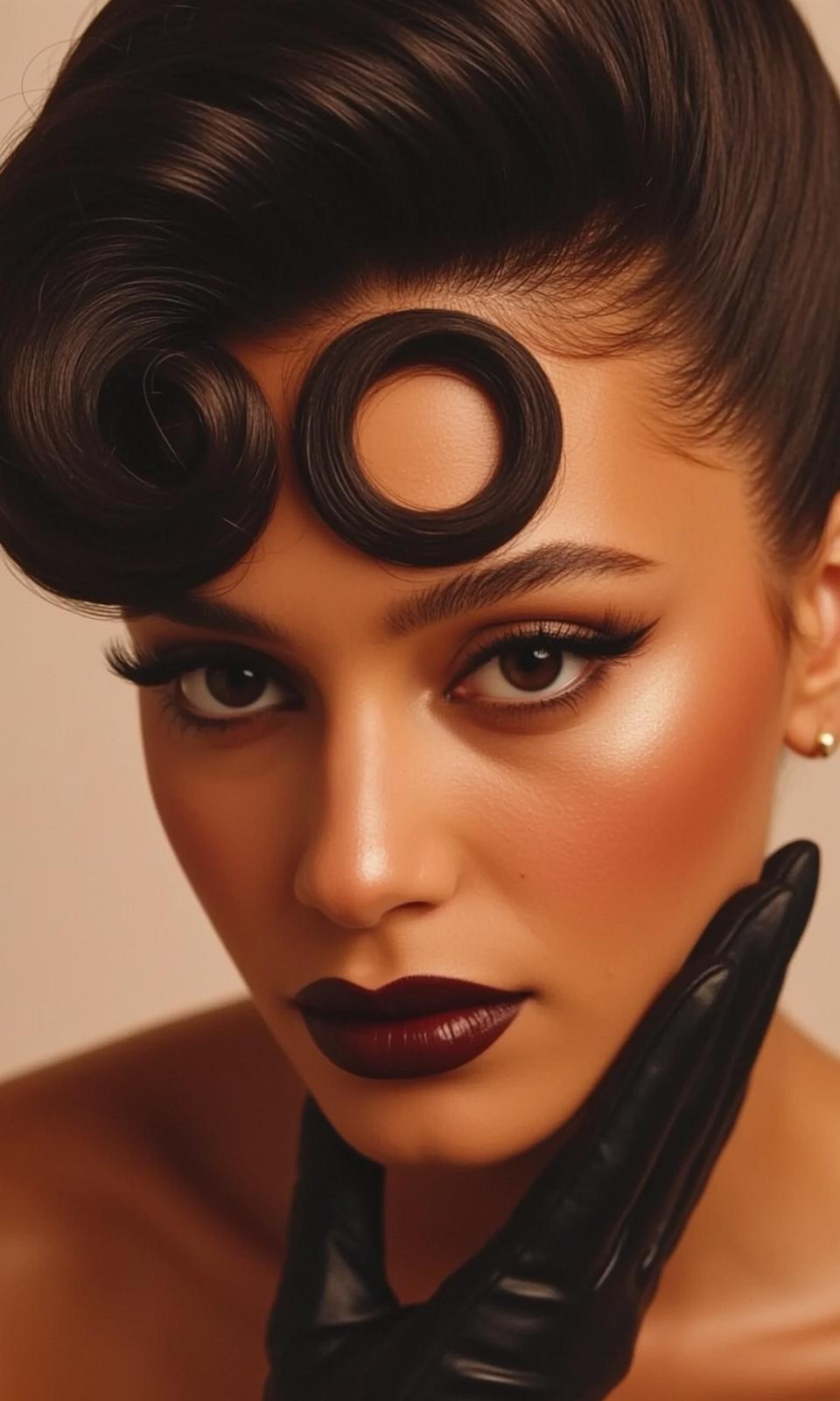 Close-up Headshot Portrait Young Woman With Dark Slicked-back Hair Styled
