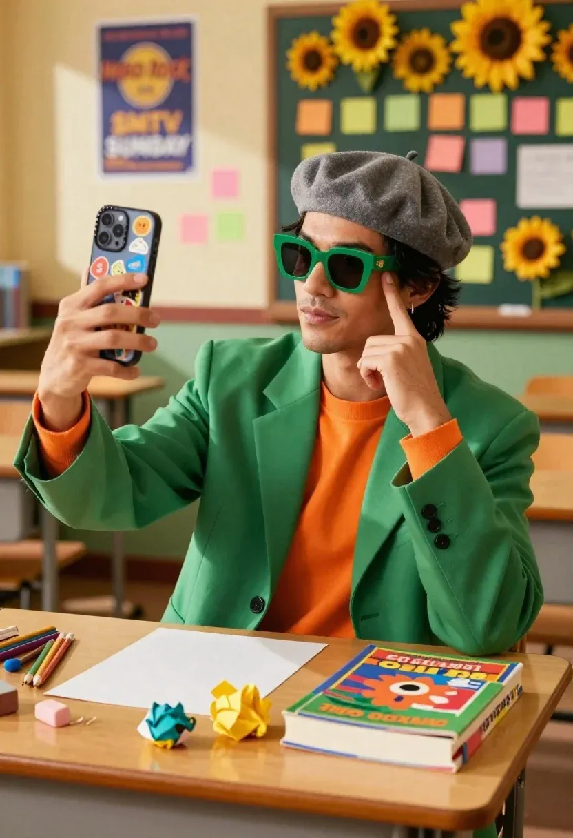 Stylish Man Taking Selfie Vibrant Classroom Setting Subject Man With