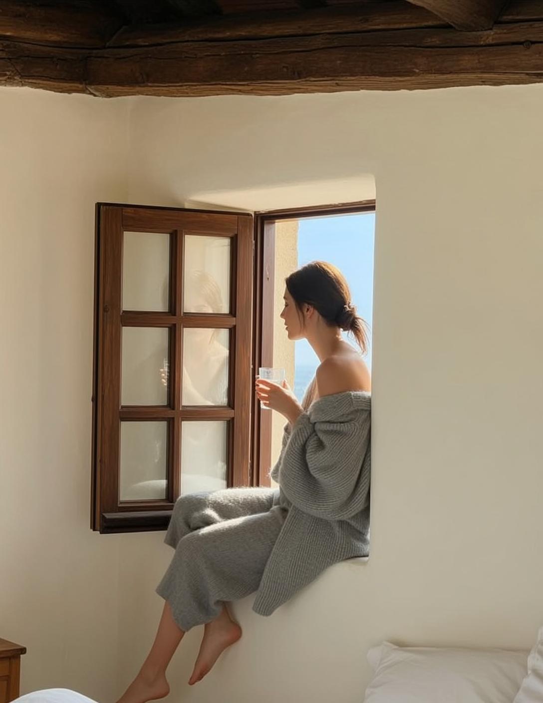Cottagecore Seated Wide Windowsill Looking Open Window