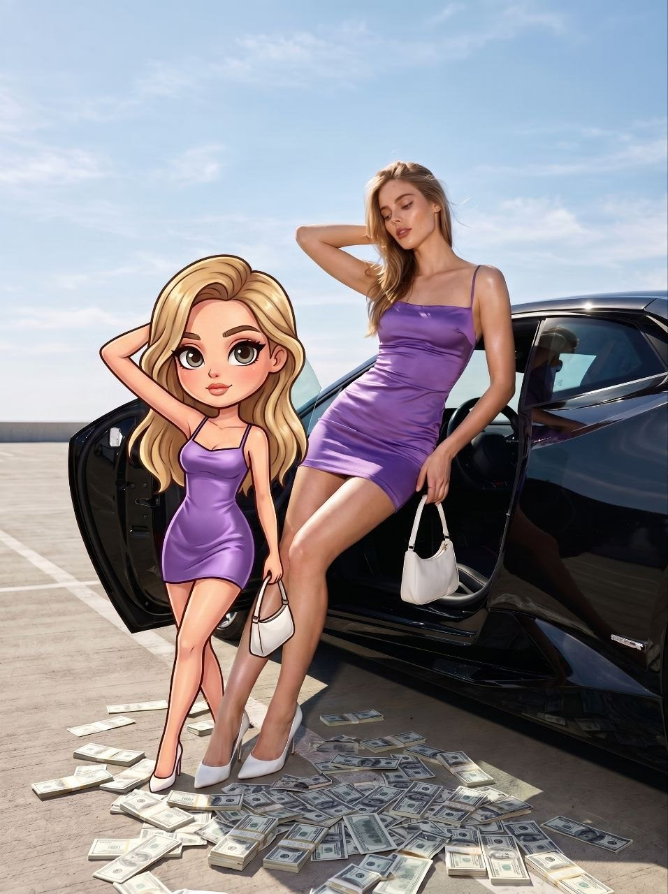 Ultra-realistic street scene with a chibi character illustrating a playful urban mood in mixed media.