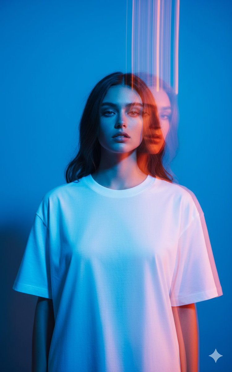 High-fashion portrait featuring a subject in an oversized white T-shirt set against a dreamy blue gradient.