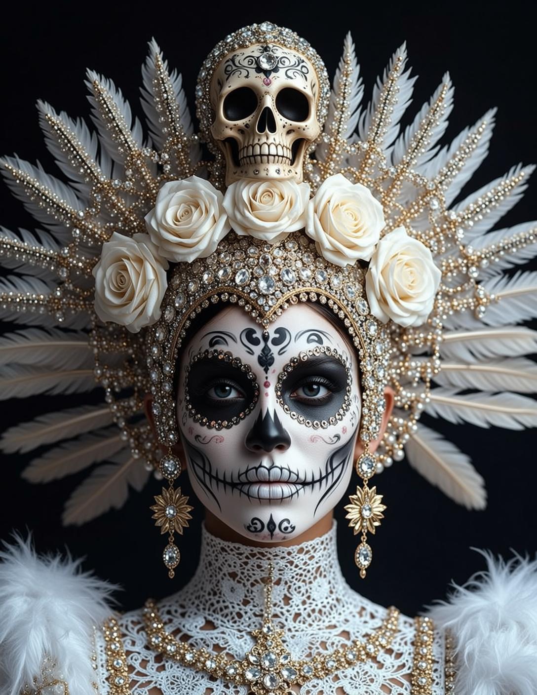 Skull Crown White Roses