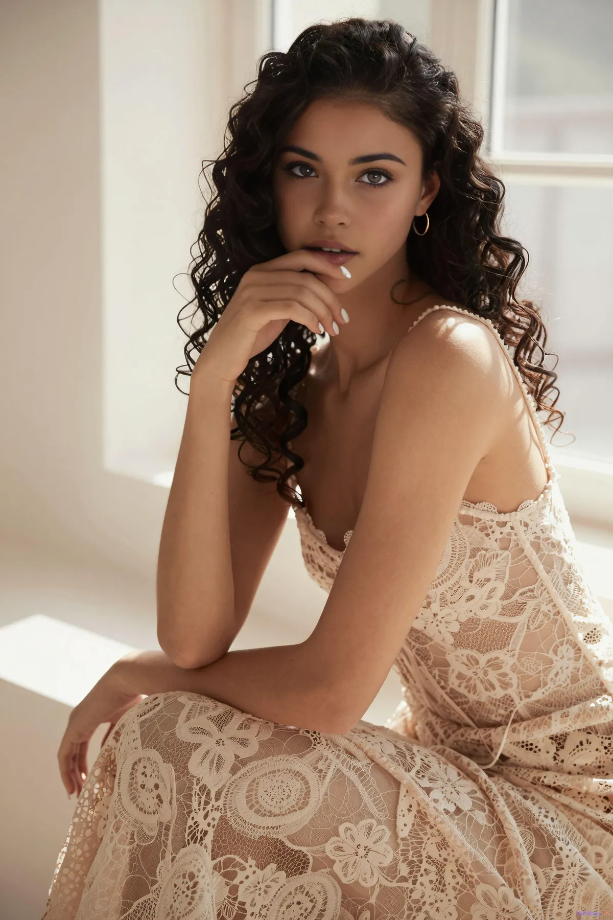 Lace Dress Soft Window Light Seated