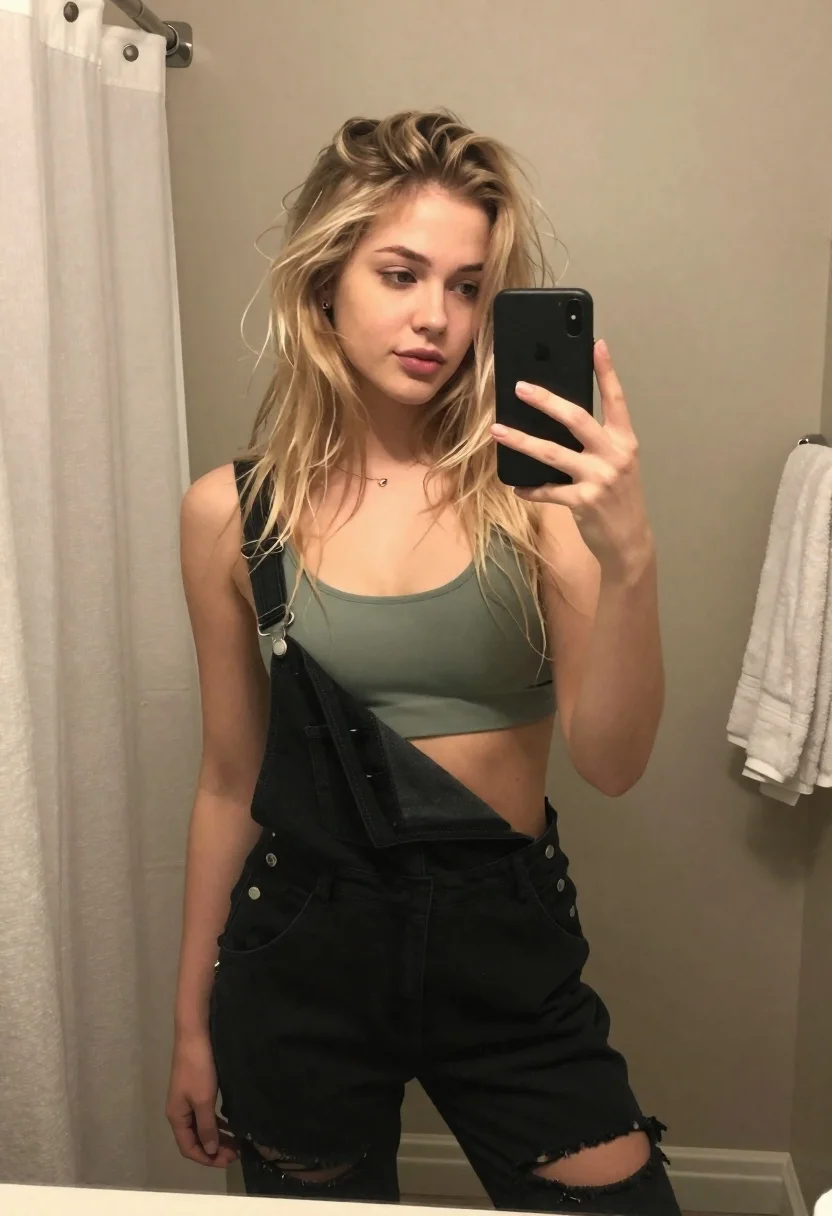 Young Woman With Tousled Blonde Hair Takes Mirror Selfie Bathroom reference photo