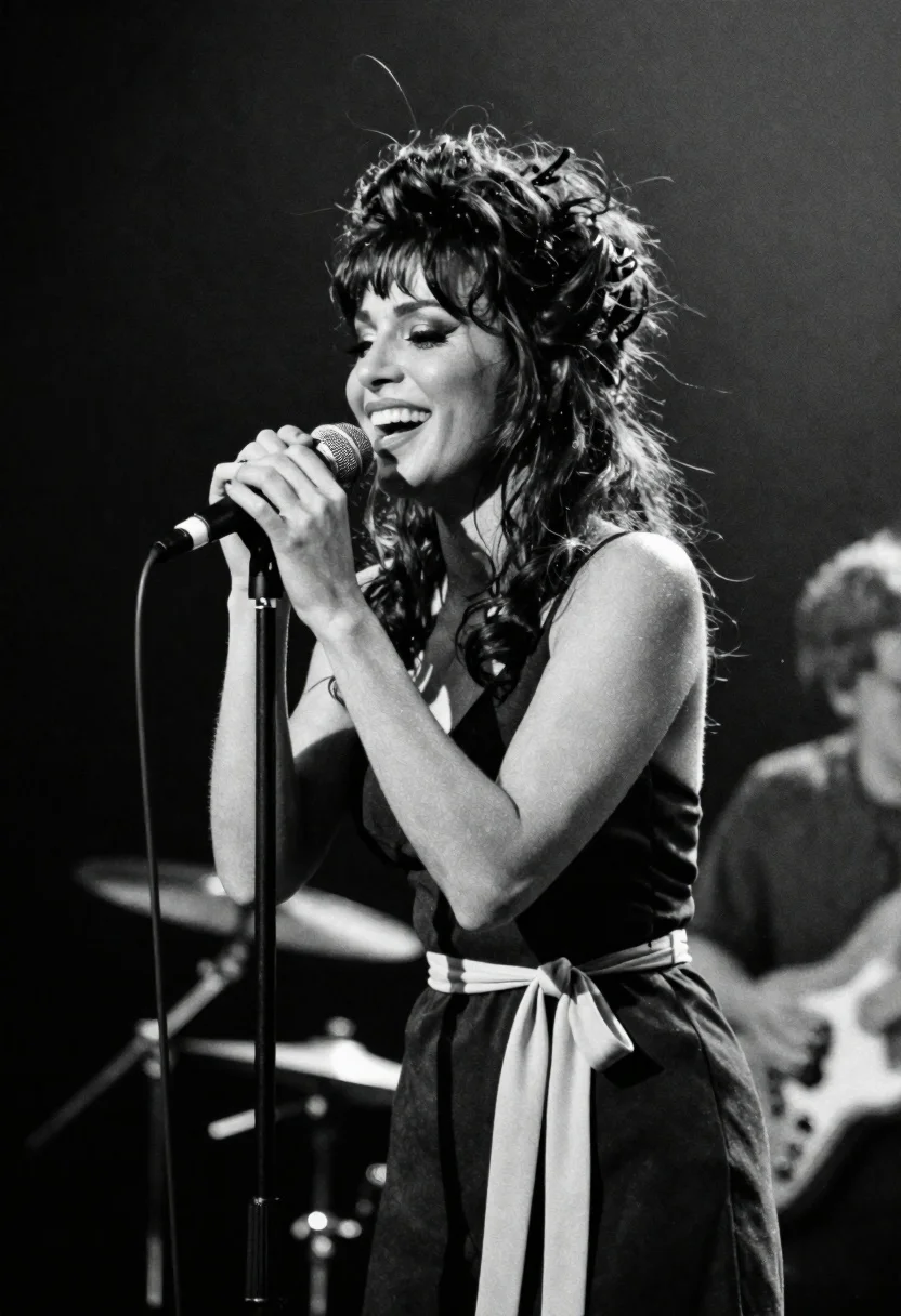 Black And White Photograph Female Singer Performing Passionately Stage Subject reference photo