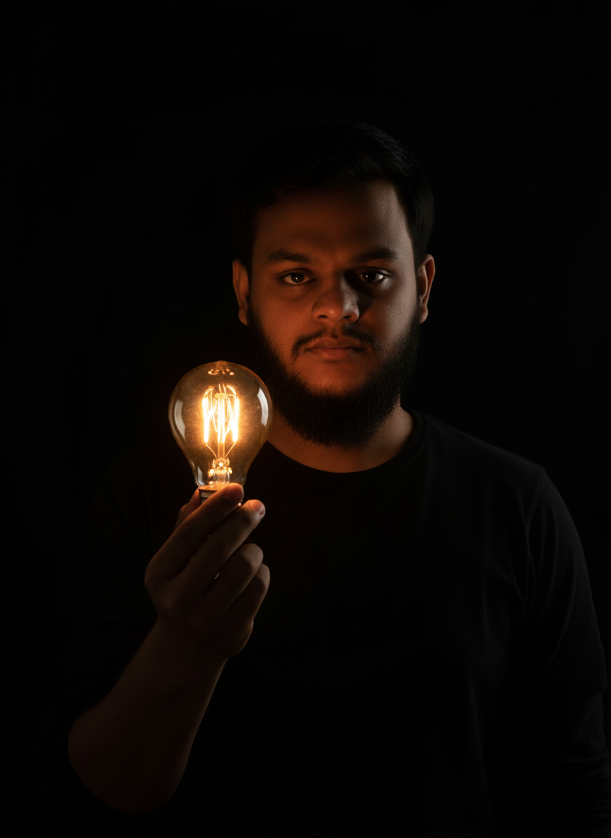 Cinematic portrait of a man with a glowing bulb, dark background, soft light illuminating his face and neck.