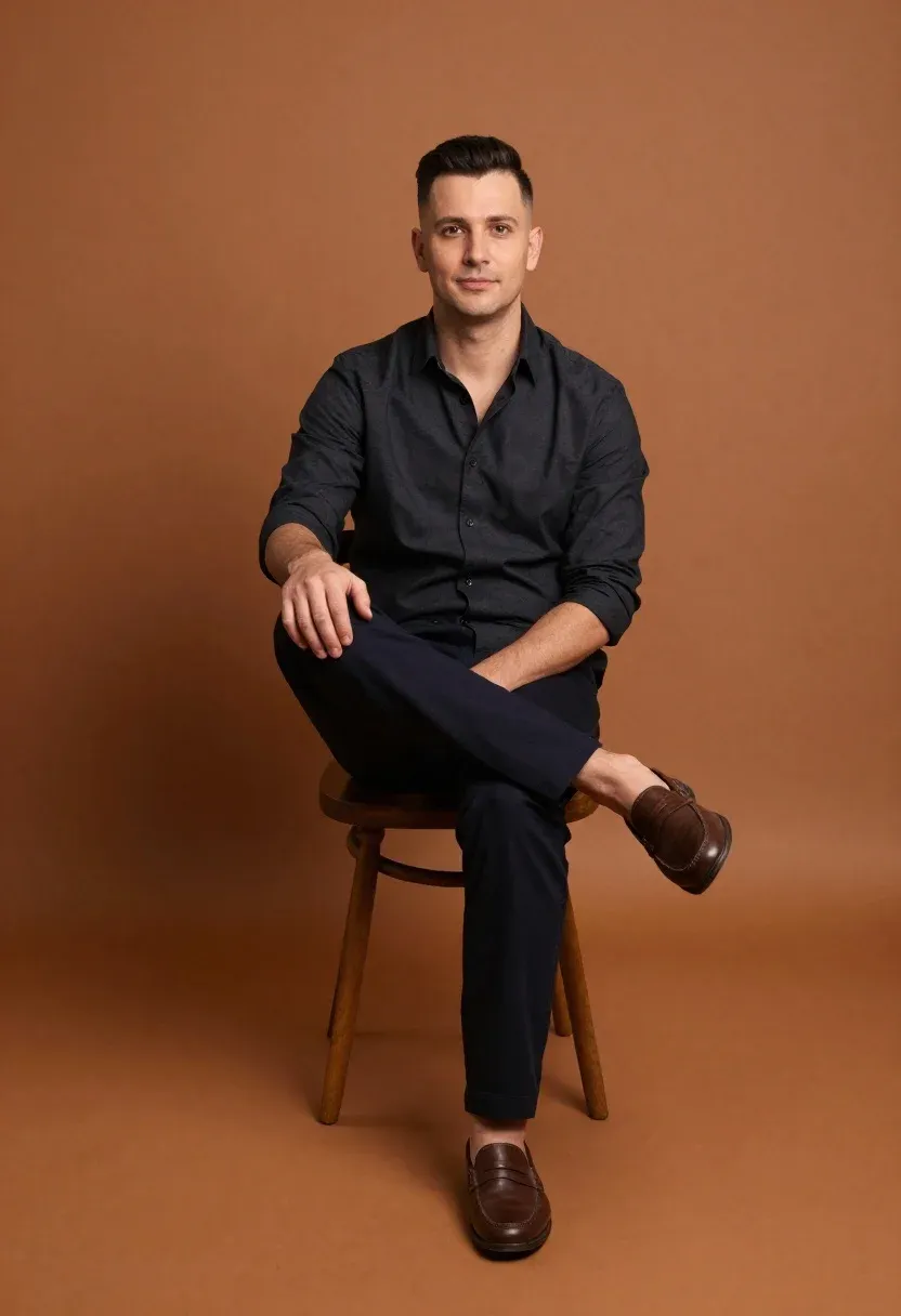 Man With Short Dark Hair Sits Casually Wooden Chair Against