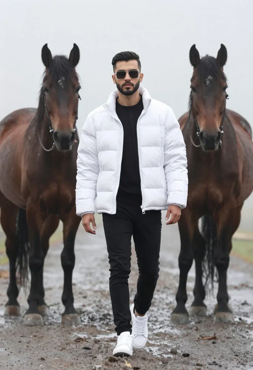 Portrait Man Walking Forward With Dark Horses The Misty Background