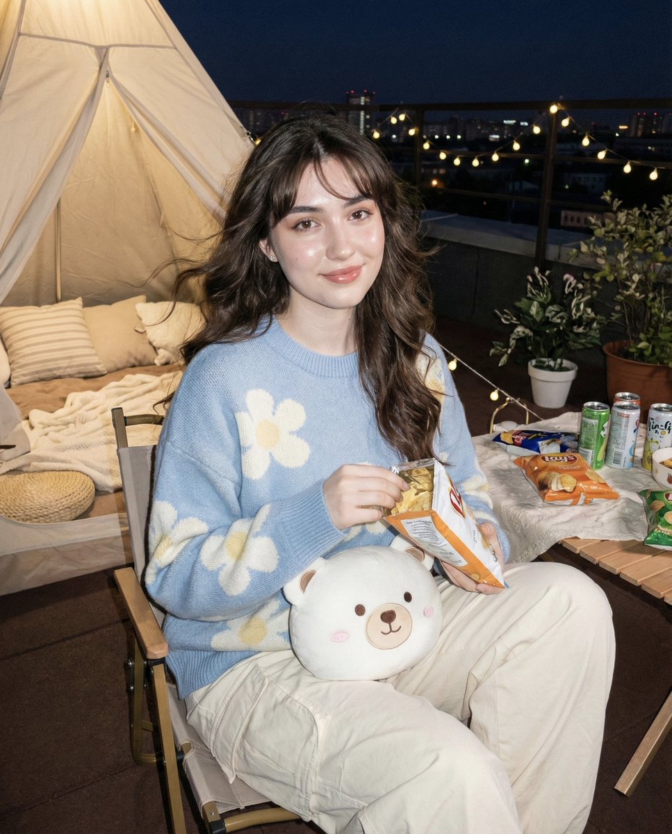 A woman in a light blue oversized sweater sits on a rooftop, holding a snack, under twinkling lights with a city skyline behind her.