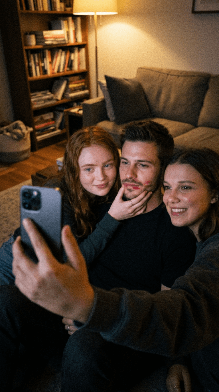 A cozy living room selfie of three friends with warm lighting, one holding a smartphone.