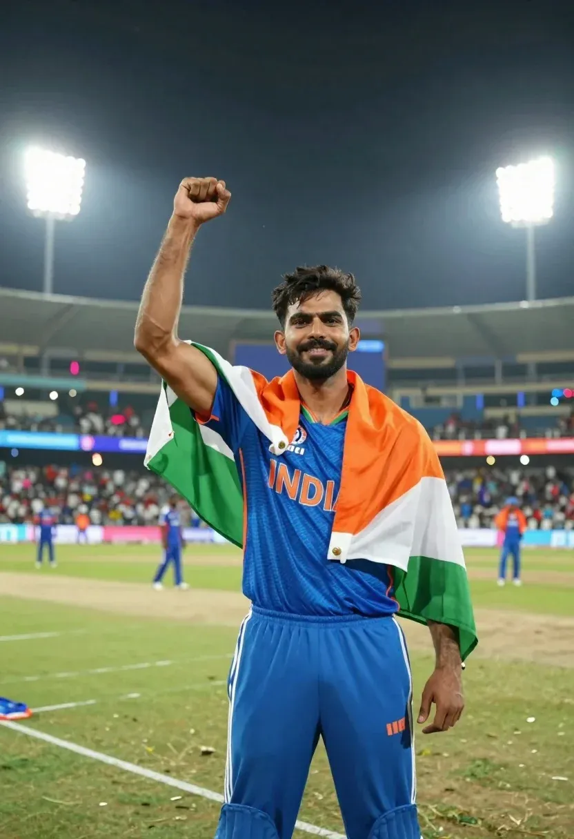 Triumphant Male Athlete Stands The Center Cricket Stadium Night Draped