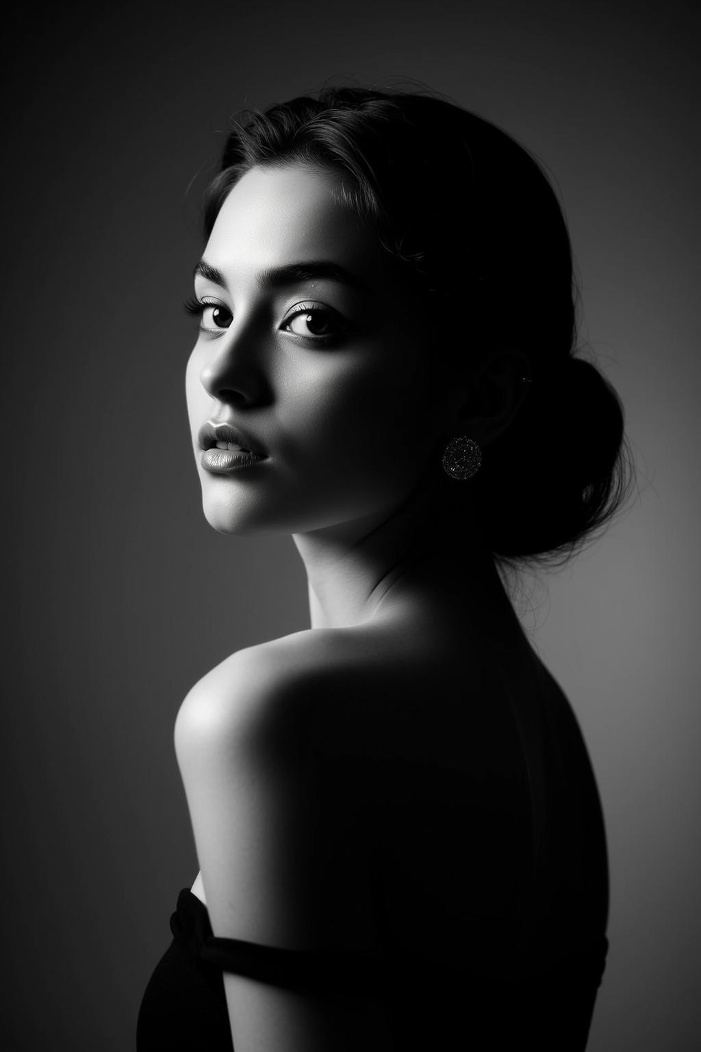 Black And White Portrait Young Woman Posed Looking Over Her