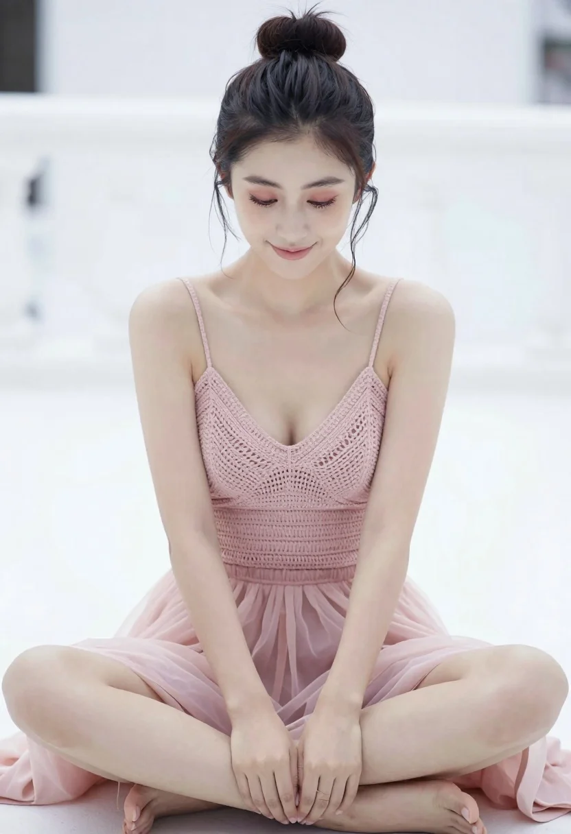 Young Woman Sits Cross-legged Relaxed Pose With Her Gaze Directed reference photo