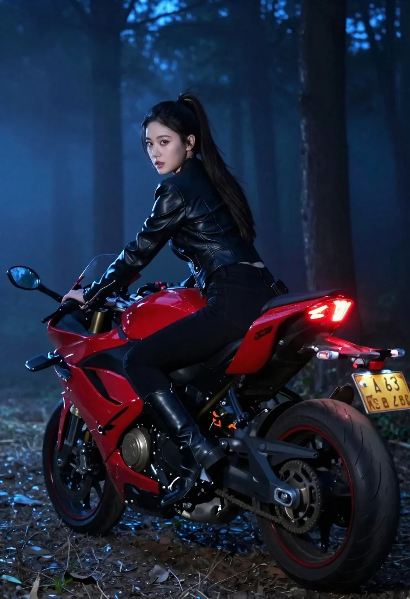 Young woman with dark hair tied in a ponytail sitting on a red sport motorcycle, illuminated by its taillight in a foggy forest.