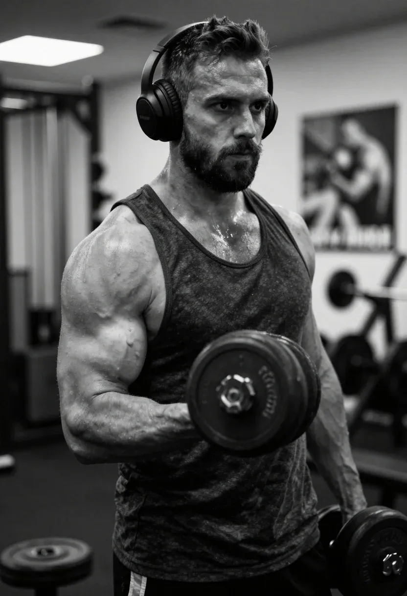 Muscular Man Stands Gym Holding Dumbbell With Intense Focus Subject