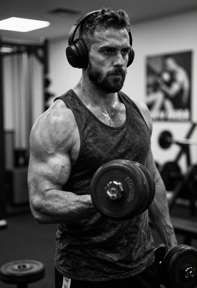 Muscular Man Stands Gym Holding Dumbbell With Intense Focus Subject