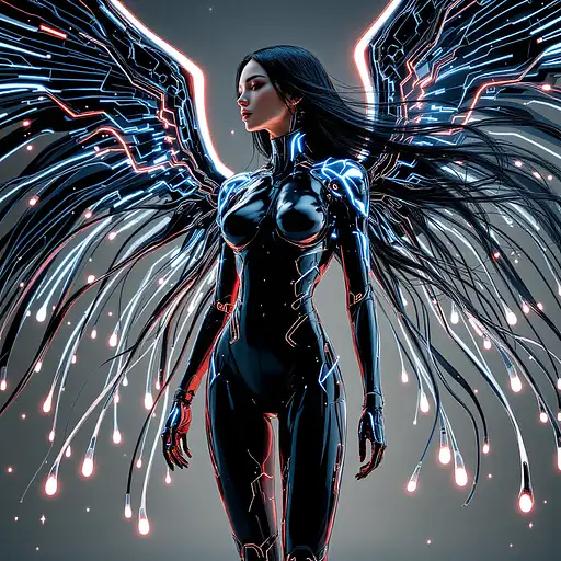 A stunning full-body shot of a cybernetic Asian woman in a sleek bodysuit, showcasing glowing wings in a neon city.