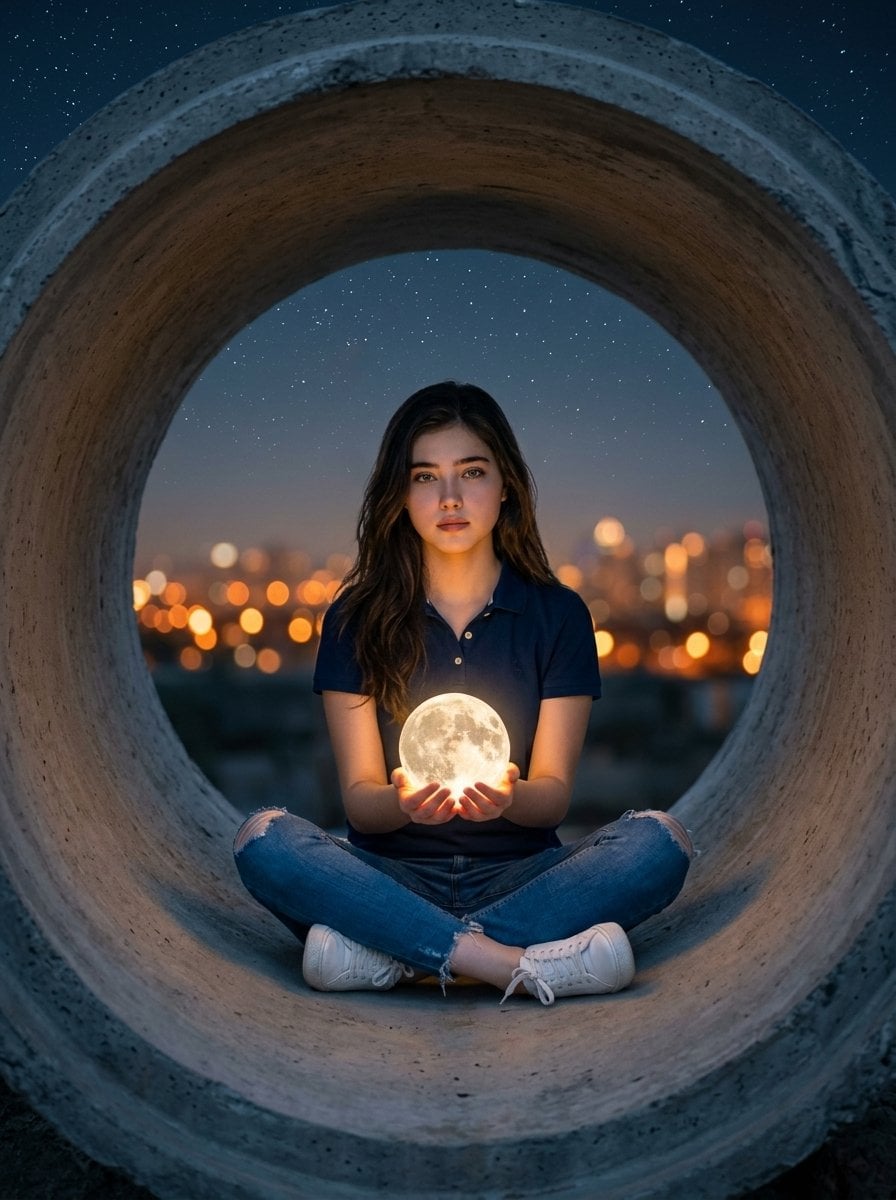 Holding Glowing Moon In Concrete Pipe