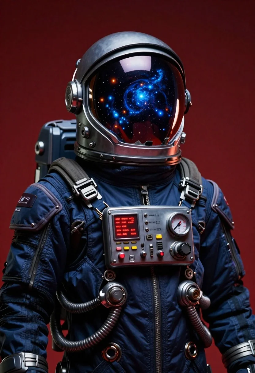 Cinematic Portrait Futuristic Astronaut Against Deep Red Background Subject Imposing reference photo