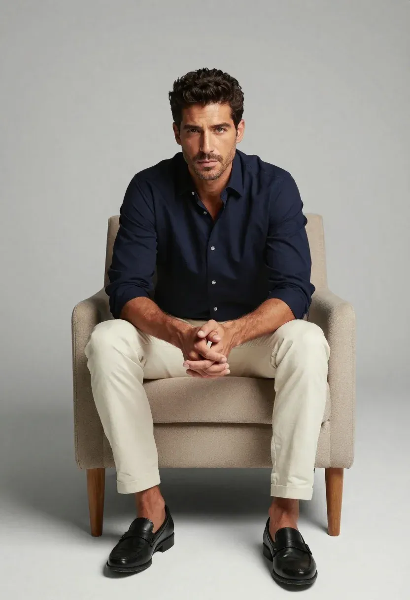 Polished Studio Portrait Man Sitting Beige Armchair With Wooden Legs