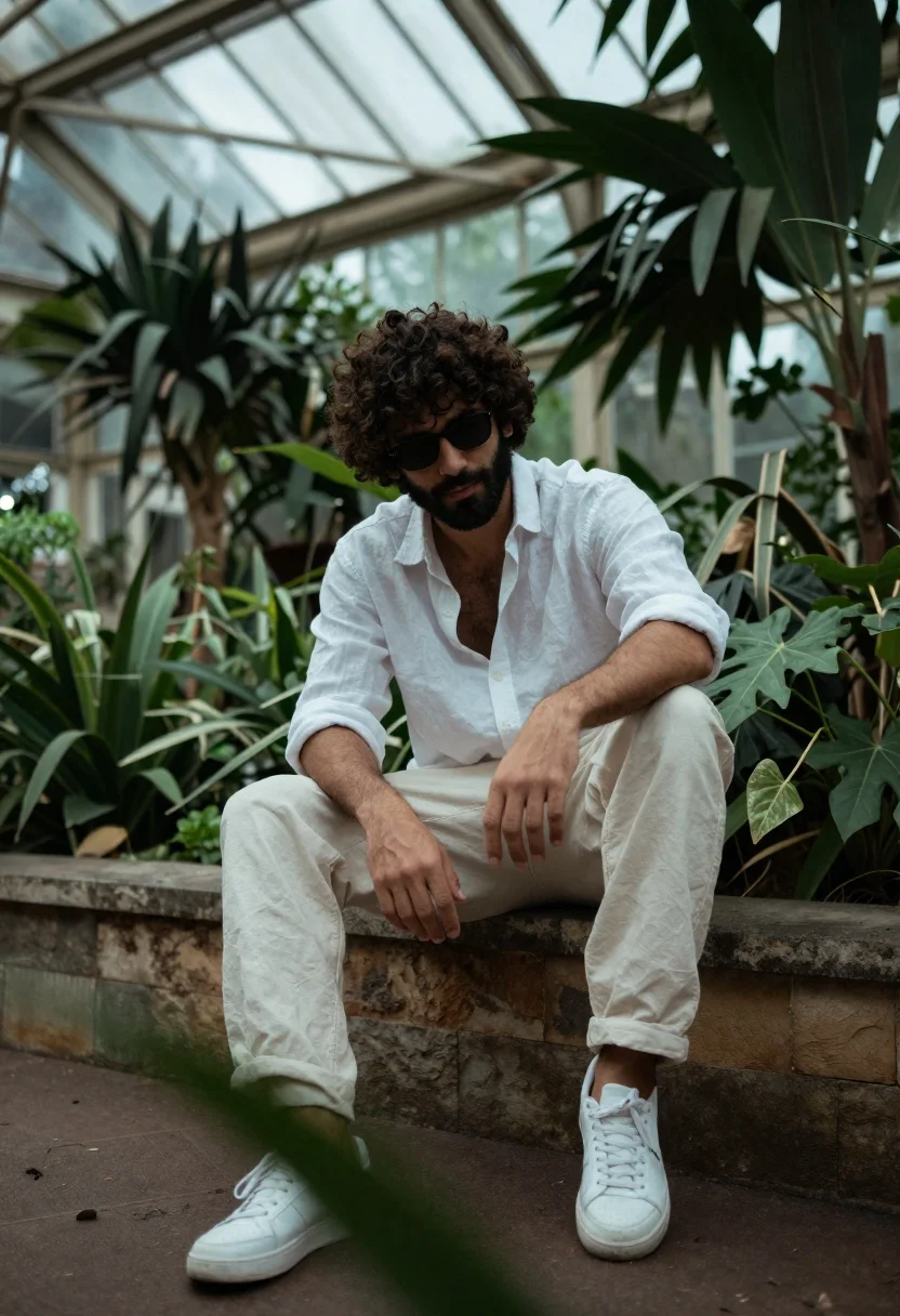 A man with curly dark hair and beard sitting casually on a stone ledge in a lush greenhouse.