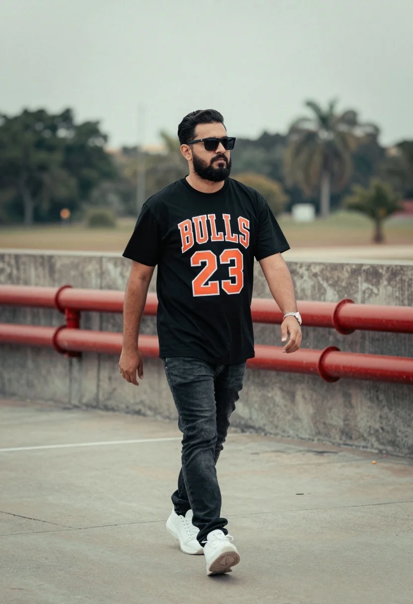 A confident man walking in an urban outdoor setting, captured with soft natural light and muted tones.