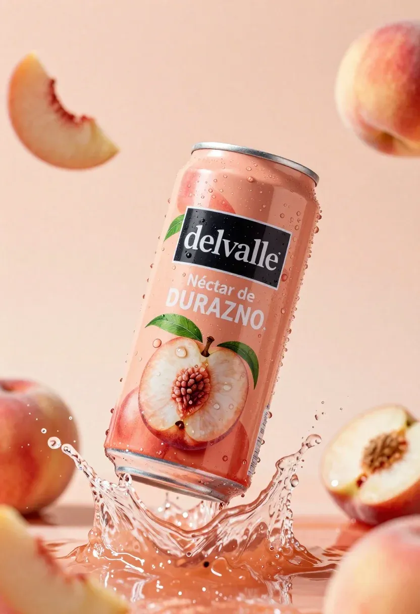 Refreshing Peach Nectar Can Suspended Mid-air Amidst Dynamic Splash Water