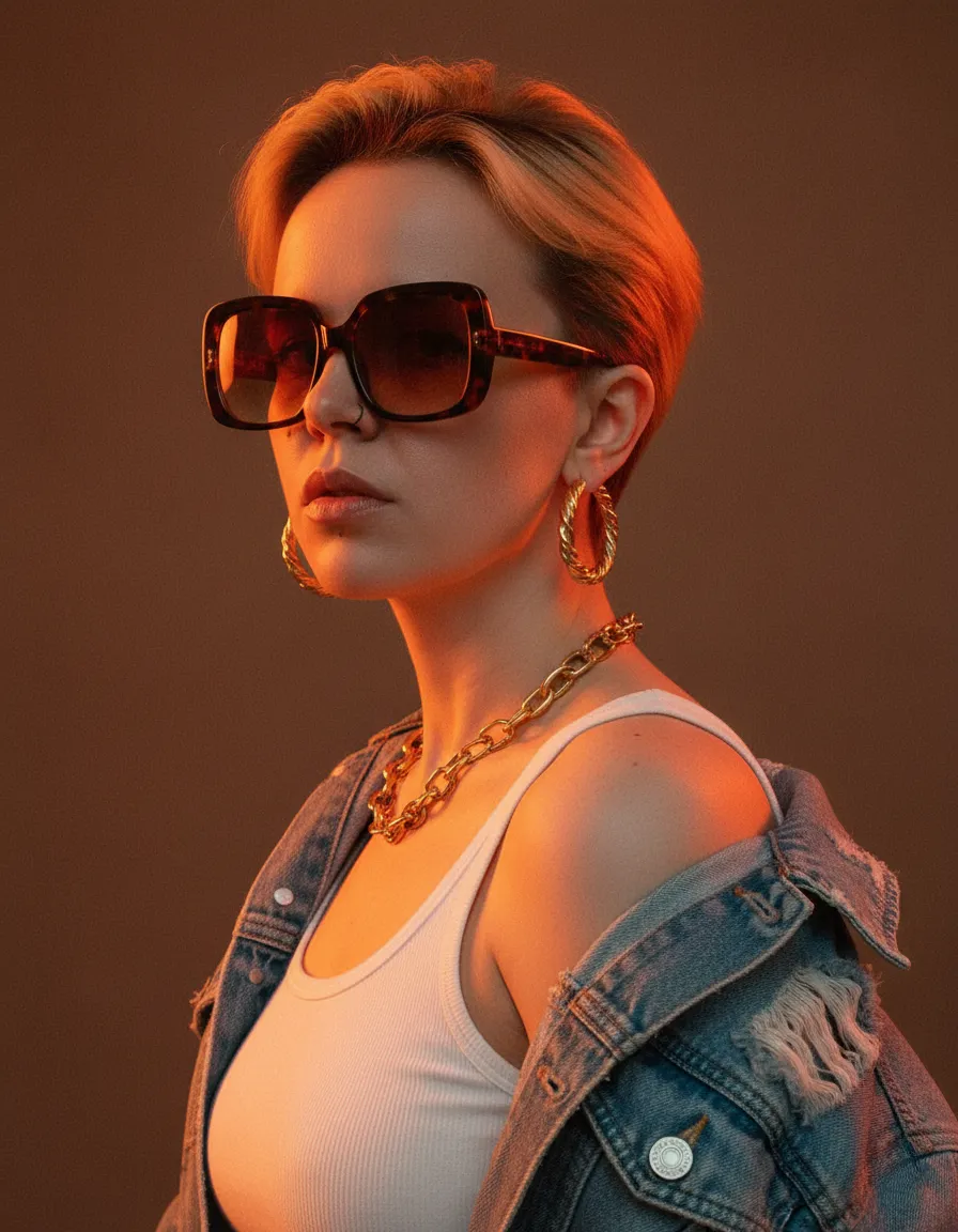 Sunglasses Earrings And Necklace In Denim Portrait