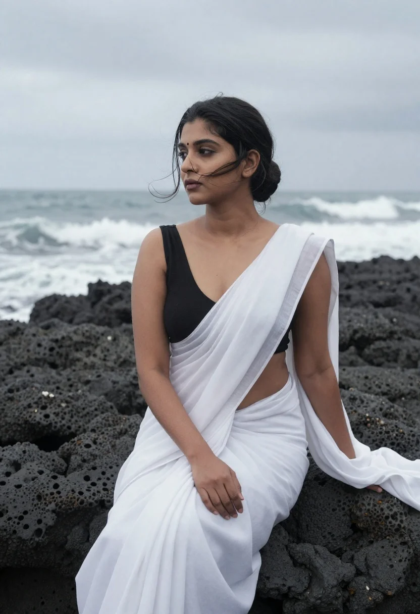 Woman Sits Gracefully Dark Volcanic Rocks The Edge Turbulent Sea