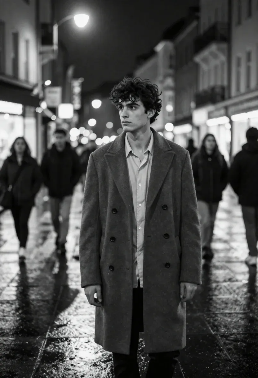 Young Man With Dark Curly Hair Stands The Center Busy