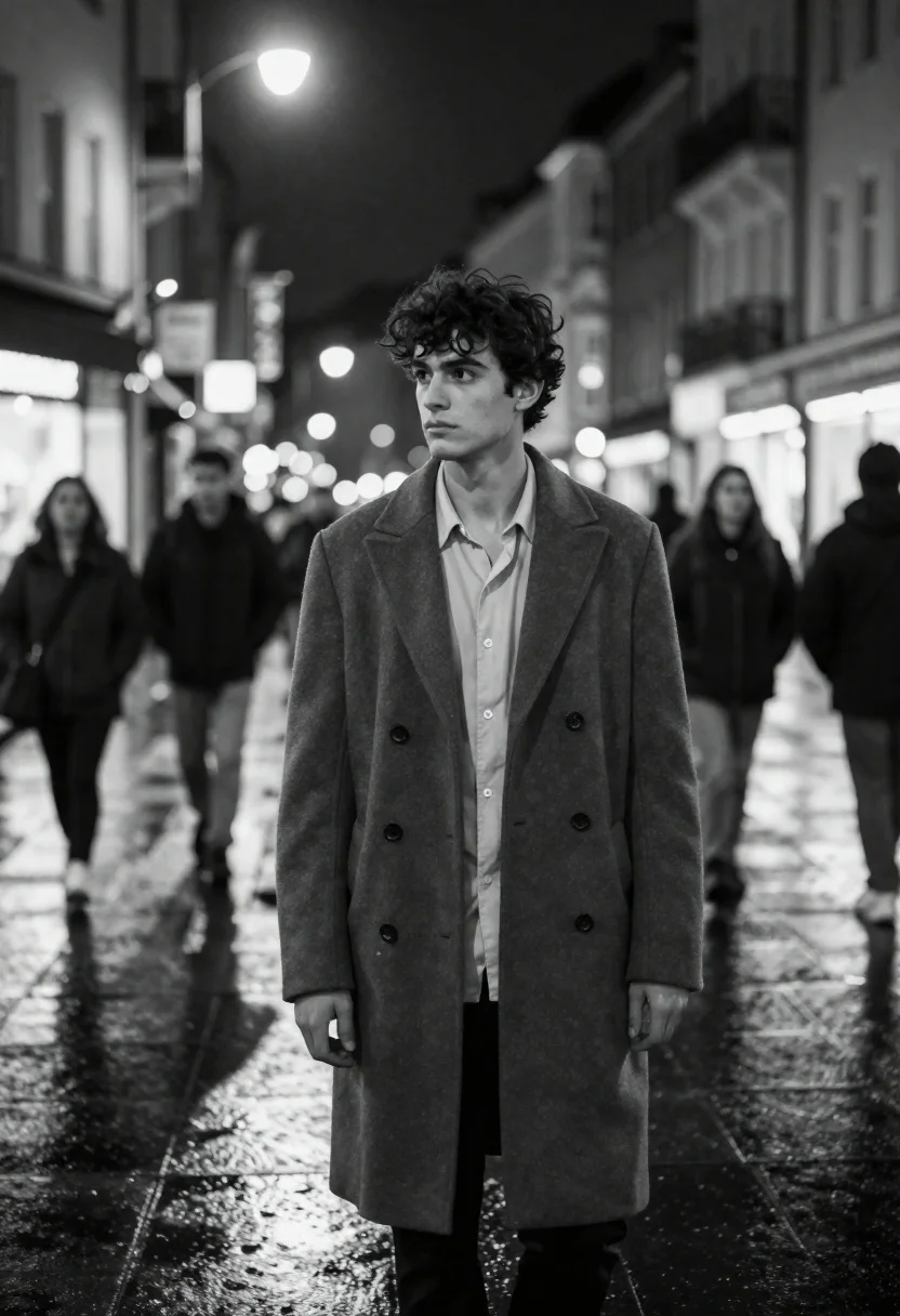Young Man With Dark Curly Hair Stands The Center Busy