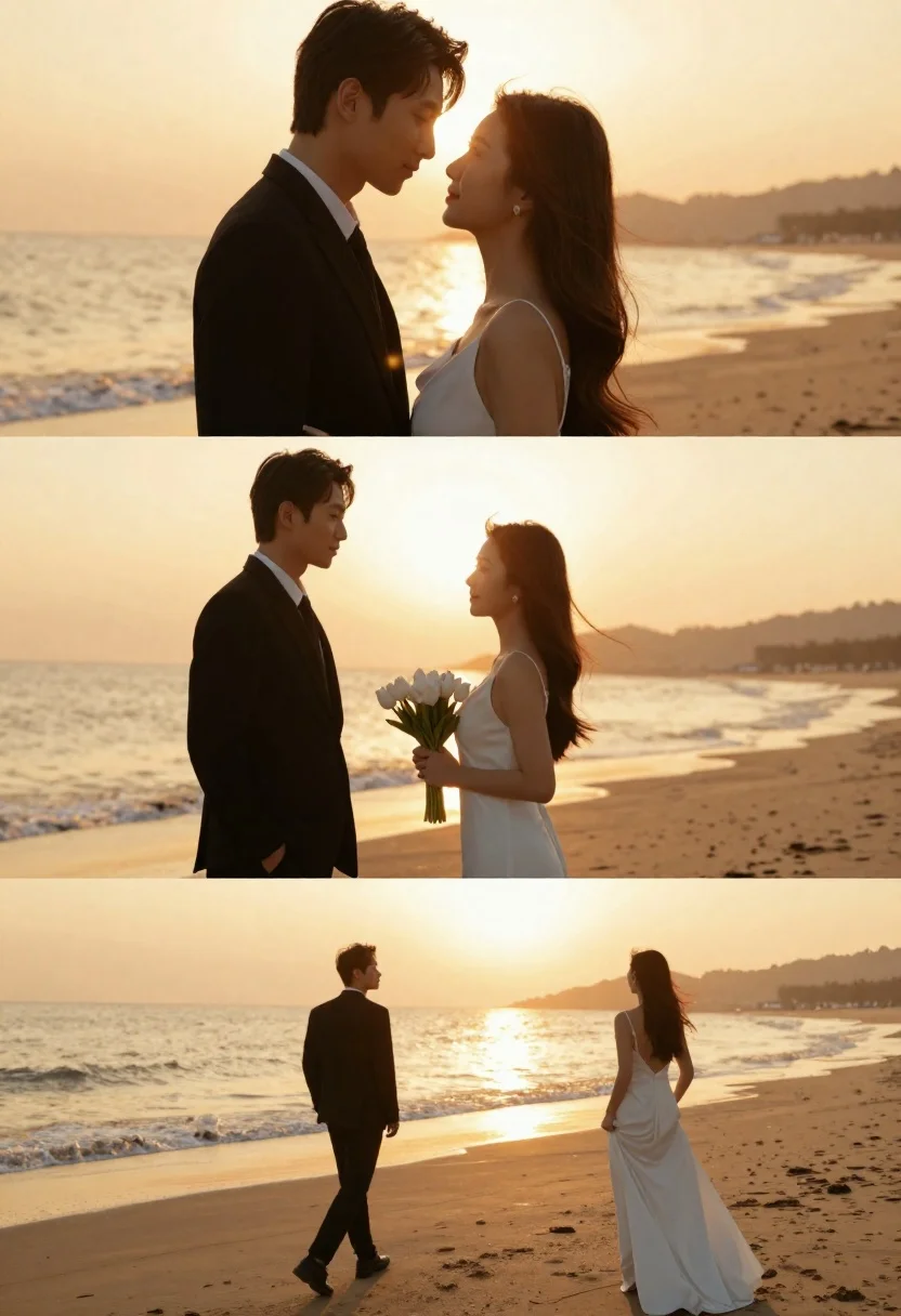 A romantic couple in wedding attire standing on a sandy beach at sunset, surrounded by soft waves and warm golden light.