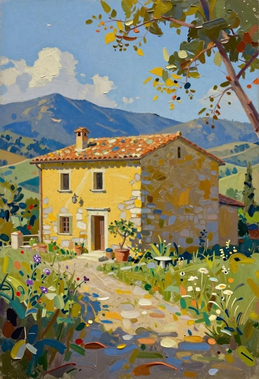 Vertical Oil Painting Sun-drenched Italian Countryside Villa Subject Rustic Yellow reference photo