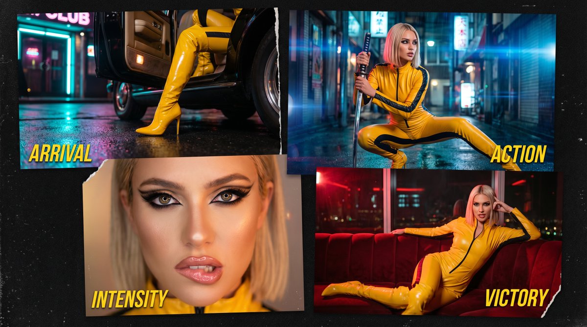 Low-angle shot showing shiny yellow thigh-high boots near a black car door on a wet neon street, reflecting colorful lights.