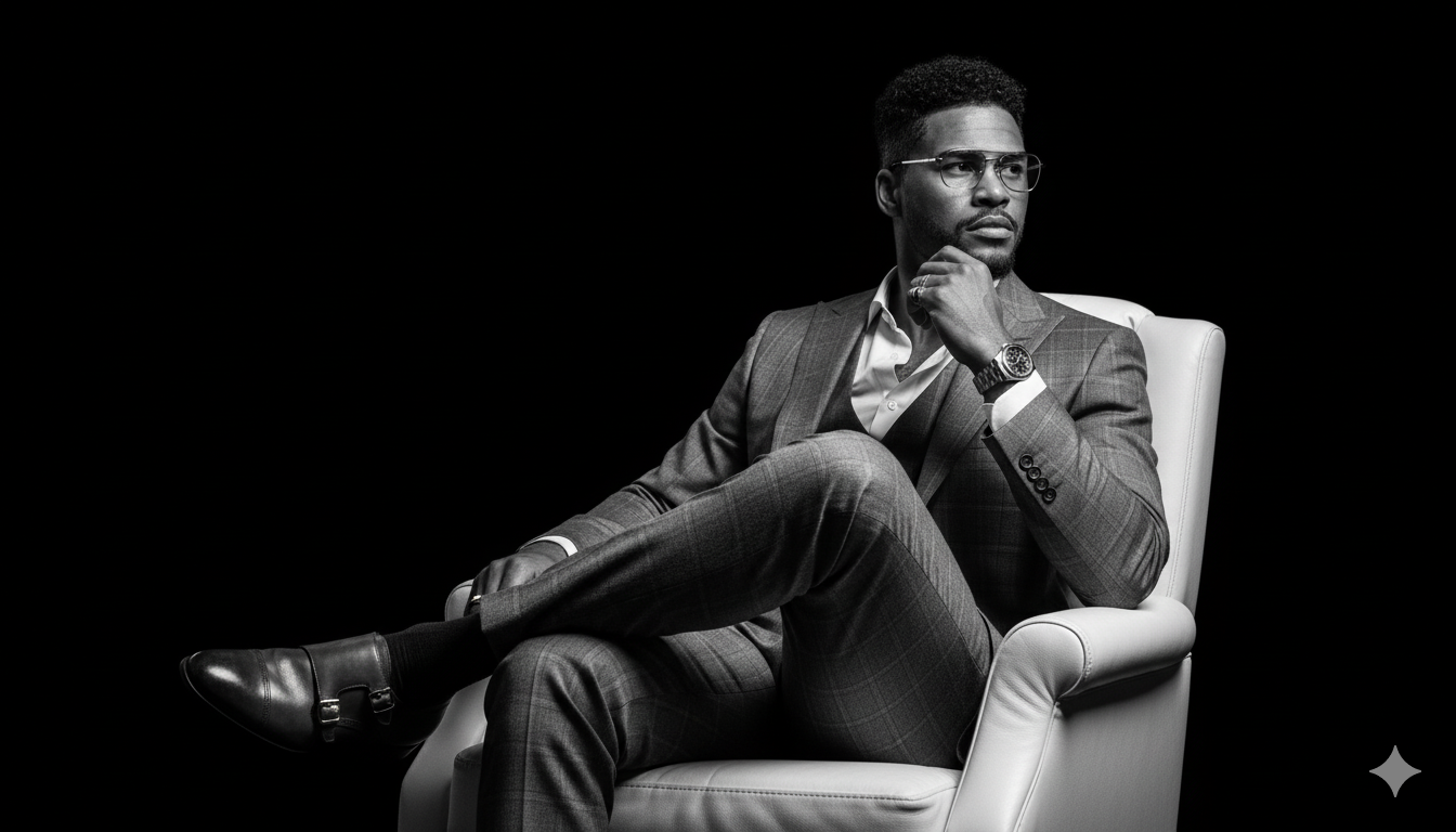 A dramatic black-and-white portrait of a man in a tailored suit sitting on a white leather chair, exuding calm and authority.
