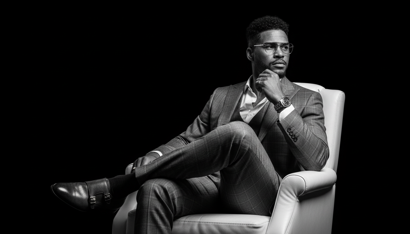 A dramatic black-and-white portrait of a man in a tailored suit sitting on a white leather chair, exuding calm and authority.