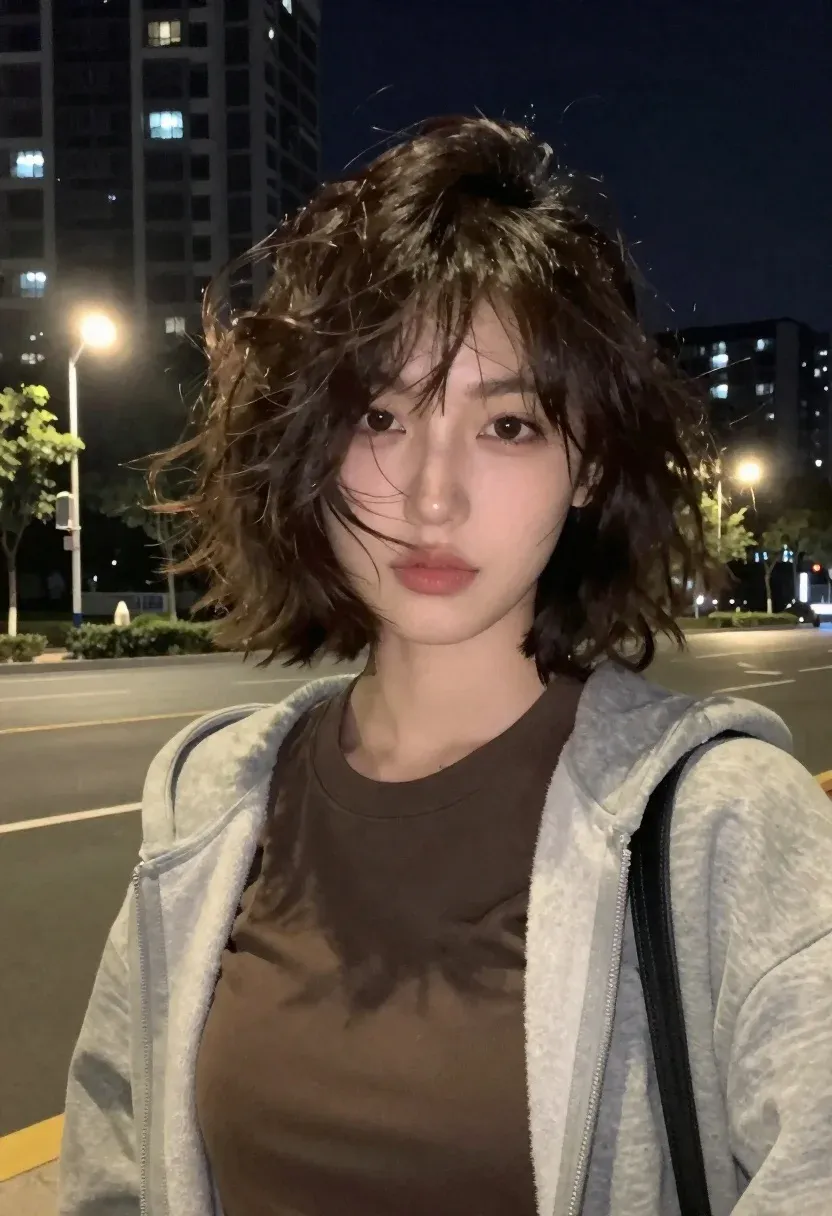 Nighttime Selfie Portrait Young Woman With Messy Short Wavy Hair